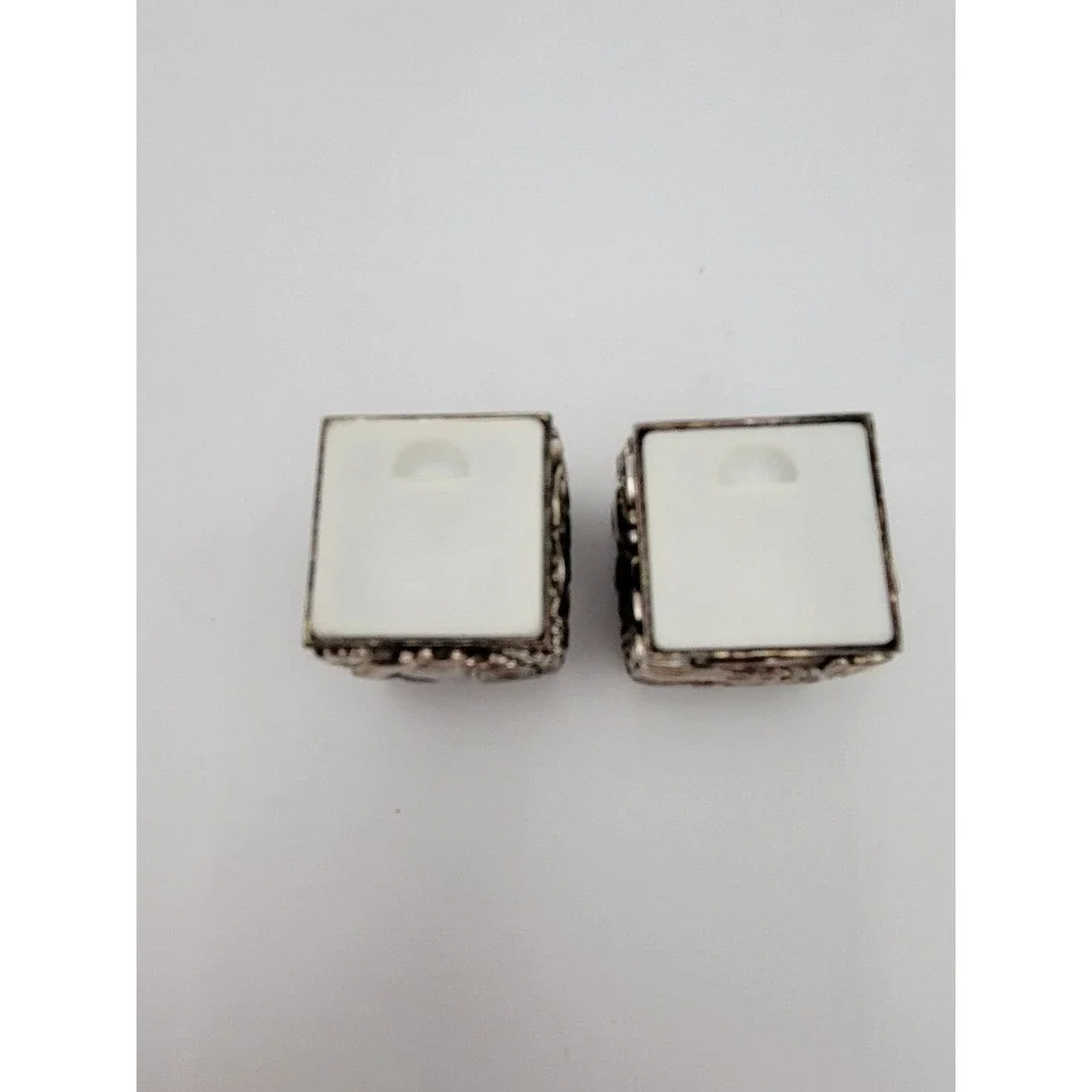 Vintage silver plated salt and pepper‎ shakers cube with tray holder embossed